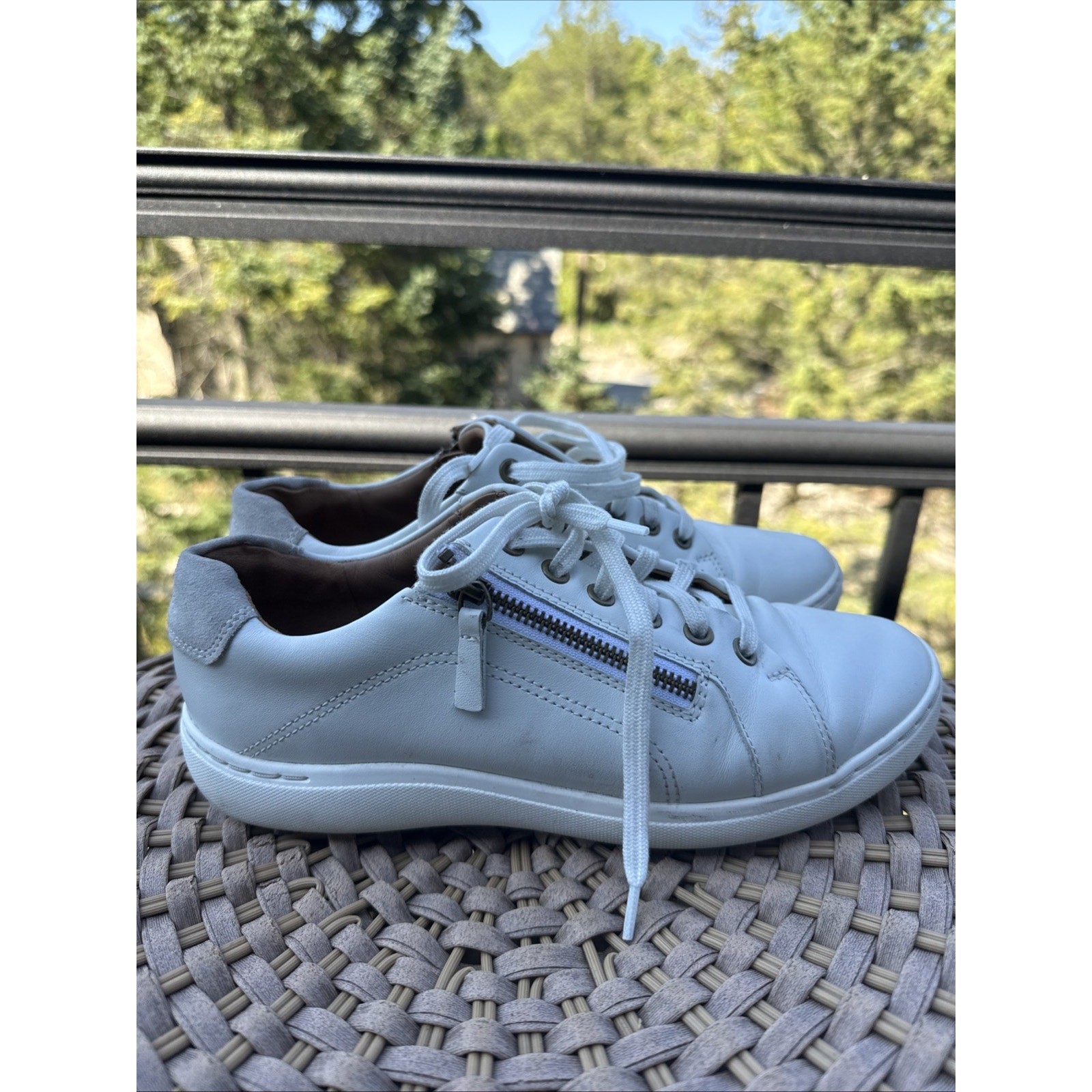 Clarks Nalle Lace Sneakers Zip Women's 8.5W Wide White Leather Comfort Walk Shoe