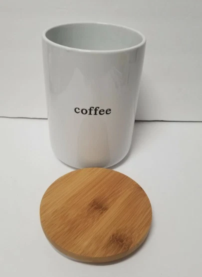 Ceramic Coffee Canister Wood Lid Off White 7 1/2 Tall New