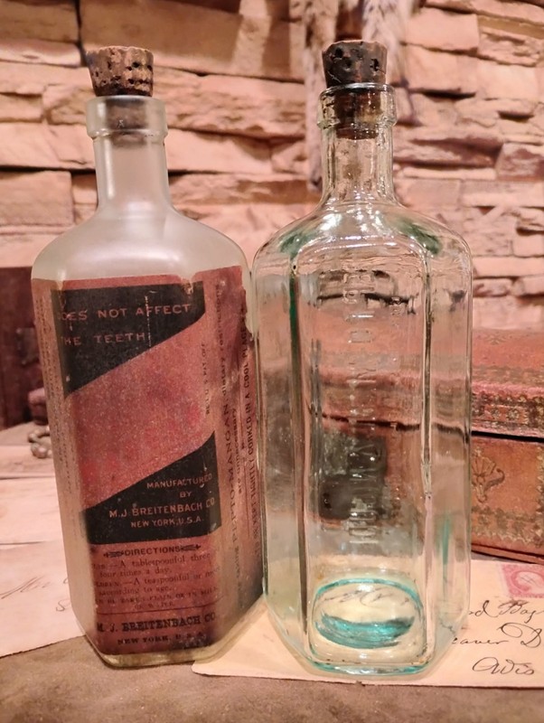 Early 1900s Set of Two Pepto Mangan (Gude) Hexagonal Glass Iron Tonic Bottles