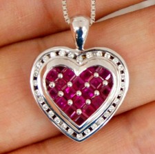 Red Ruby 1.50Ct Cushion Cut Heart Shape Pendant 14K White Gold Finish Free