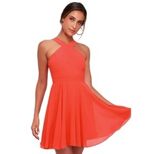 Lulus Women Flowy Forevermore Skater Mini Dress in Coral Red Size Small
