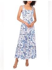 CeCe Linen Blend Tiered Dress Coastal Print Seashells Sun Starfish Blue White Lg