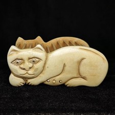 L 3 inch Old Chinese Hand Carving Lovely&nbsp;Cat Statue Cricket Cage Decoration Gift