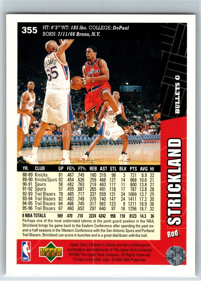 1996 Upper Deck Collectors Choice Rod Strickland Washington Bullets #355 - Imagem 2 de 2