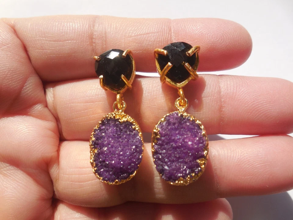 Druzy Geode Purple Earring With Black Onyx Dangle Gemstone Jewelry Gold Edge - Image 2 of 3