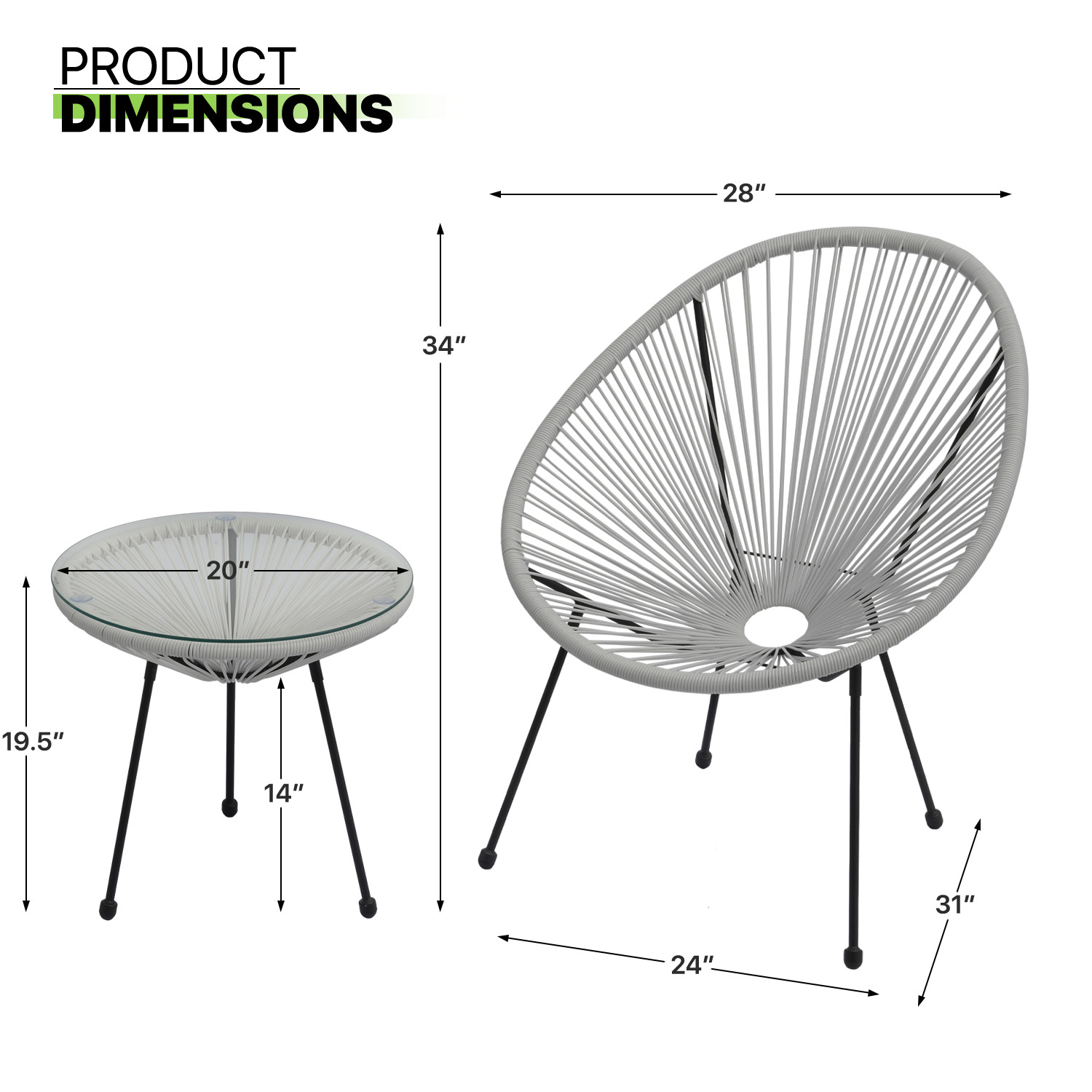 3 Pieces Outdoor Acapulco Chair Tempered Glass Table Bistro Set Patio Furniture