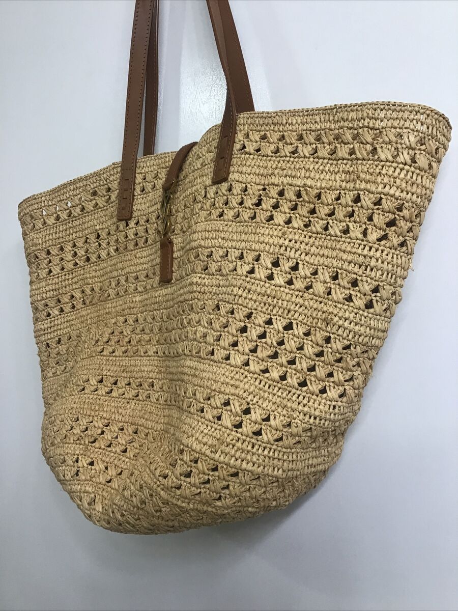 ysl bag Beige Open Raffia Panier Tote Leather Brown Straps