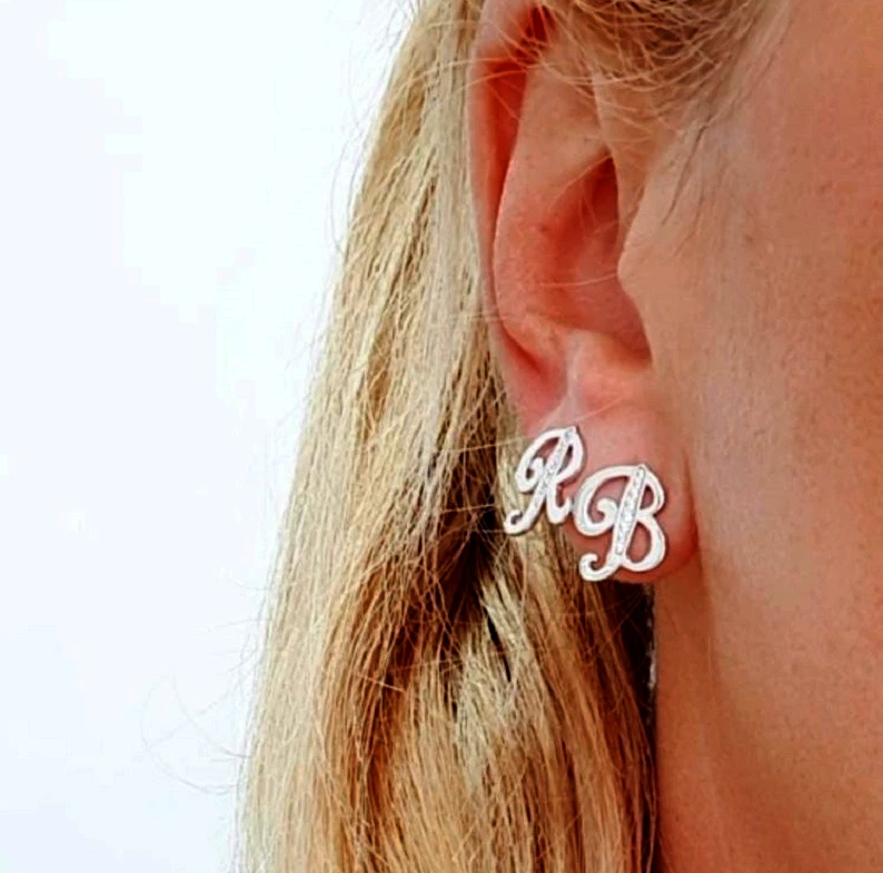 Orecchino  con lettera Argento 925 con zirconi, gioielli donna regalo Ragazza - Immagine 2 di 2