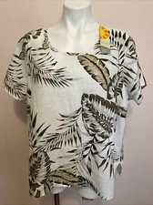 NWT C&C California 100% Linen Short Sleeve Shirt Top Green White Floral  1X