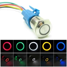 16mm Metal Push Button Switch 5A 12V SPDT LED Ring Light Waterproof + Connector