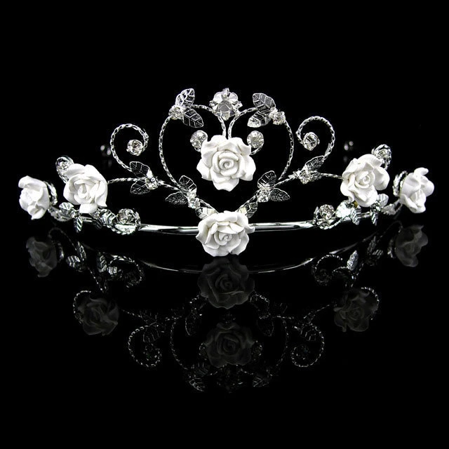 Very Beautiful Bridal Handmade Ceramic Flower Rose White Heart Tiara Crown Adult