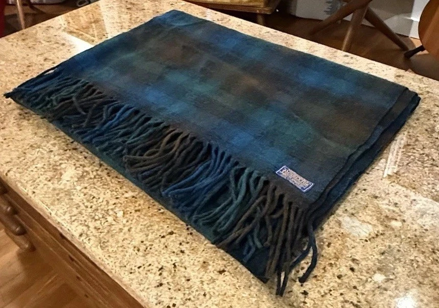 Vintage Pendleton Teal Blanket 100% Wool Fringed Plaid Pre-1950 Label 50x72” - Image 3 of 4