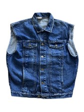 Vintage Workwear Denim French Navy Sleeveless distressed Trucker Vest - Blue XL