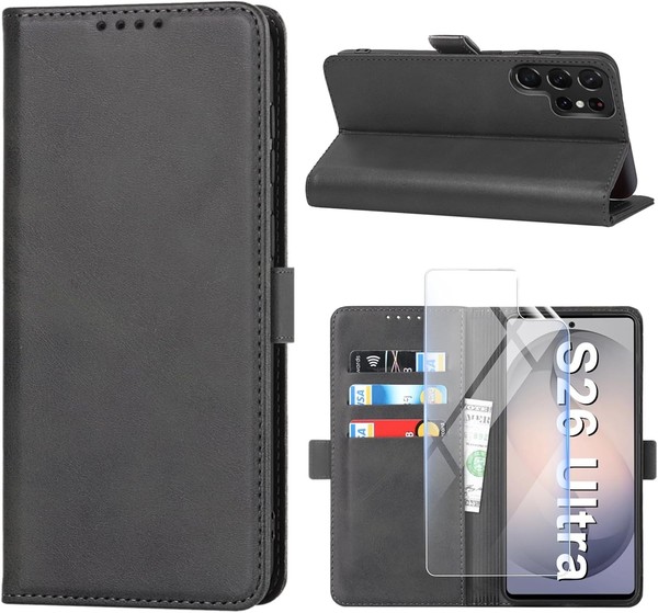 HandyhüLle Pu Leder Wallet Schwarz KlapphüLle Mit Schutzfolie FüR Galaxy S26-image