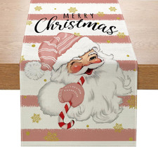 Pink Christmas Santa Claus Table Runner 13X72 Inch Candy Cane Merry Christmas Se