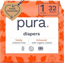 Pura Hypoallergenic Diapers, Size 1 4-11 lbs , Newborn, Totally Chlorine Free,