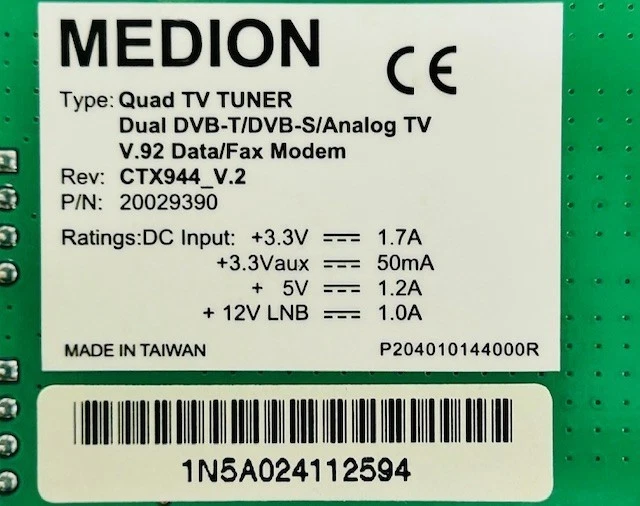 Medion Quad TV TUNER CTX944_V.2 Dual DVB-T Data/Fax Modem PCI TV-Tuner Card - Image 3 of 4