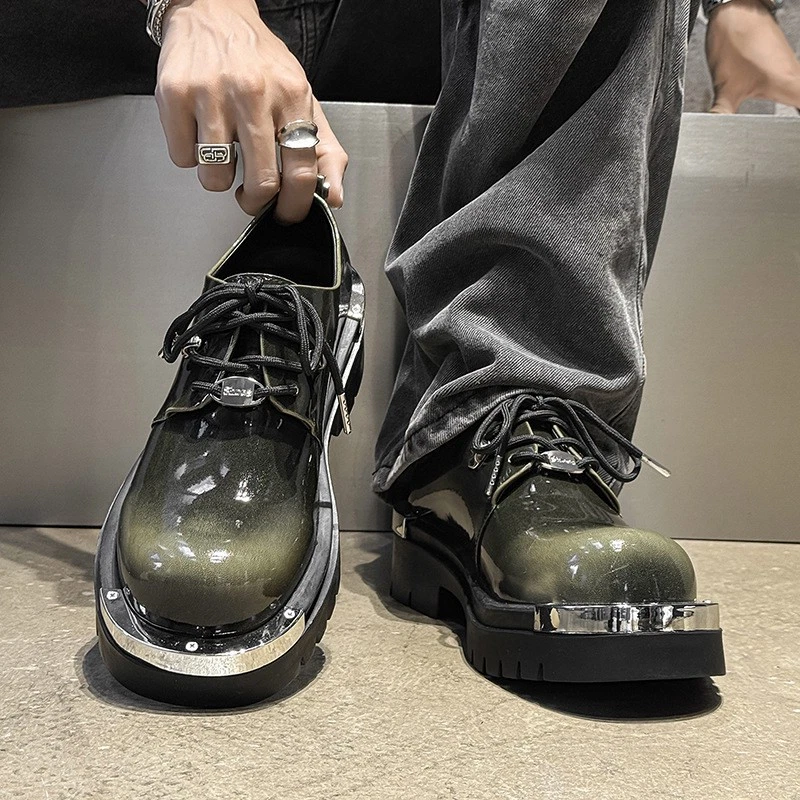 Sapatos casuais masculinos punk metal grande biqueira redonda com cadarço trepadeira sola grossa quente - Imagem 2 de 4