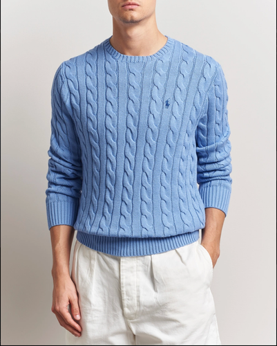 Polo Ralph Lauren Sweater Mens L  Cable Knit Crewneck Pullover Litchfield Blue - Afbeelding 2 van 10