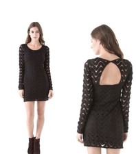 Free People Black Wild Thing Crochet Long Sleeve Mini Dress size Small EUC