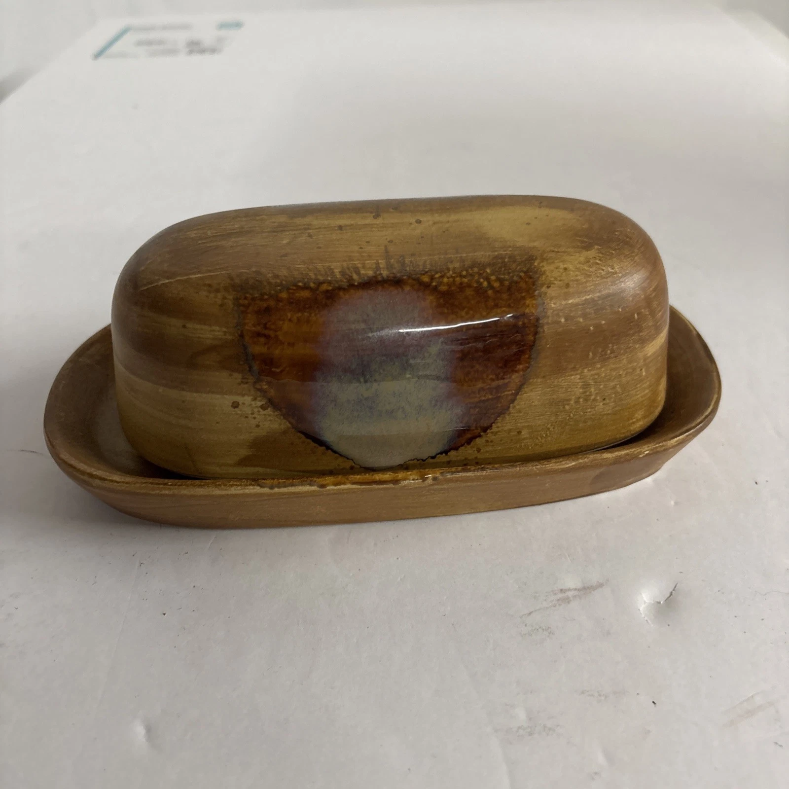 Sango Splash Brown Drip Stoneware Glazed Covered Butter Dish 4951