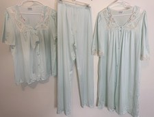 Vtg Silky Pajama 3 pc Sz S/M Silky Lace Blue Button Short Pants Robe Grannycore