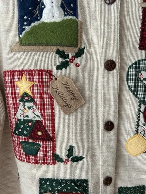 Women’s Grandma Holiday Christmas Sweater Cardigan W/ Festive Patches Size M