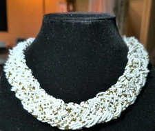Charming Charlie White & Gold Beaded Braided Bib Necklace With Extender Chain