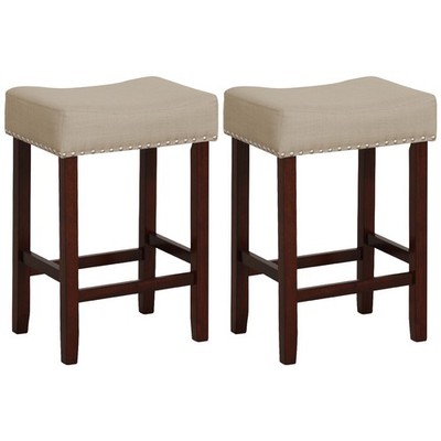 Set of 2 Bar Stools Counter Height Saddle Kitchen Chairs w/ Wooden Legs Beige