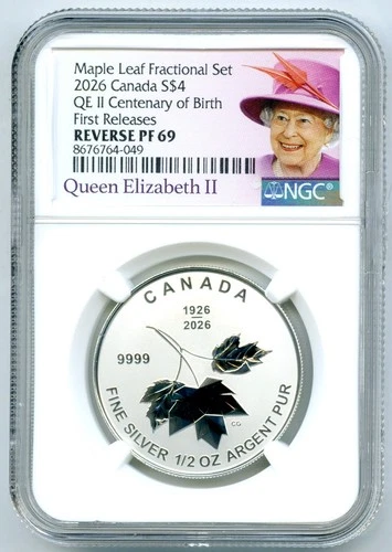 2026 $4 1/2 OZ SILVER CANADA QEII CENTENARY MAPLE LEAF NGC PF69 REV PROOF - FR