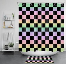 Modern Abstract Rainbow Checkered on Black Shower Curtain Set for Bathroom Decor