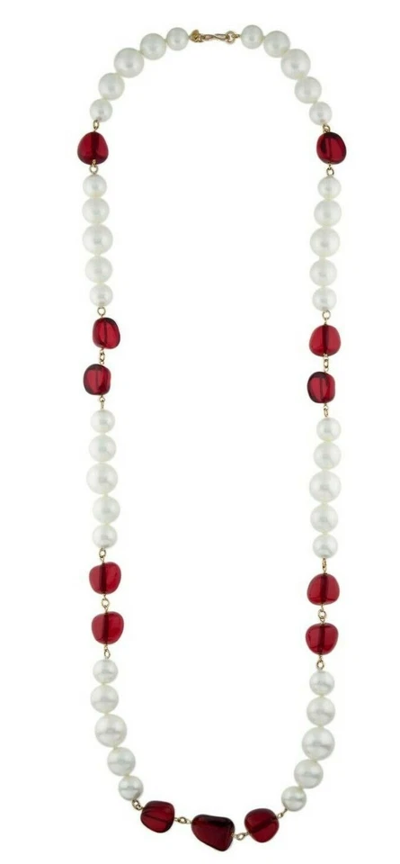 Colar Kenneth Jay LANE KJL pérola vermelha Gripoix contas de resina grande vintage 44 pol. - Imagem 2 de 4
