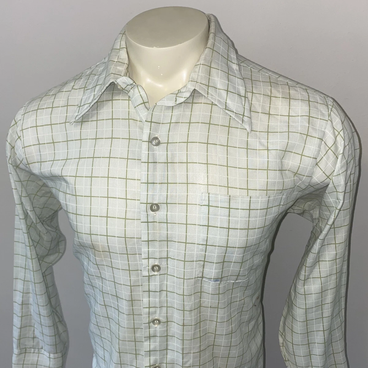 Vtg 60s 70s KMART Dress Shirt Permanent Press Midcentury Green Plaid Men 16.5 33