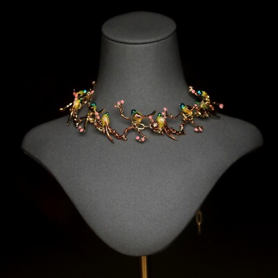 Halskette Halsreif Choker Vogel auf Baumzweig Rose Blume Jugendstil XZ16