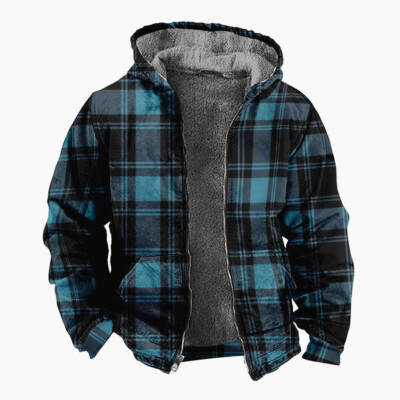 Mens Winter Fleece Lined Hoodie Sweater Checked Graphic Casual Zip Hoody Jacket