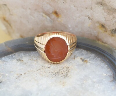 14K Rose Gold Carnelian Oval Intaglio Roman Soldier Ring Circa