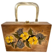 Vintage Wood Purse Pocketbook 1950  s Hand Painted Rockabilly