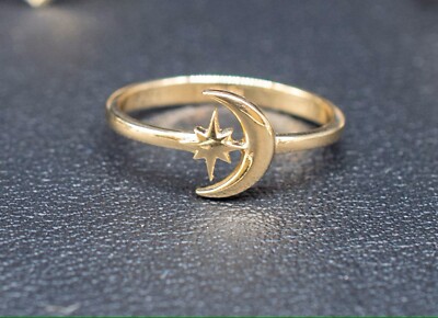 14 Karat echter massiver Gelbgold Mond und Stern Ring, 14 Karat massives Gold zierlicher Damenring