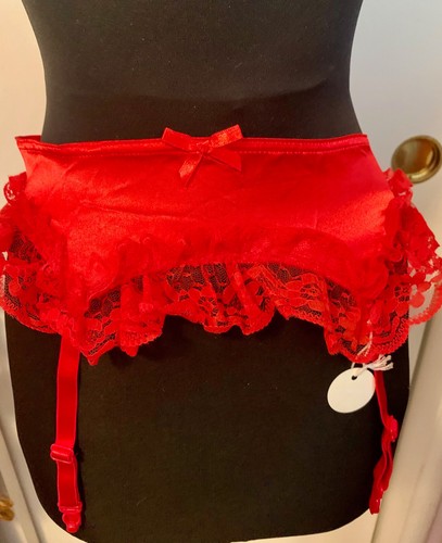 RED VINTAGE FRILLY GARTER BELT NOS SIZE M+ SATIN LACE + FREE VINTAGE STOCKINGS - Afbeelding 1 van 18