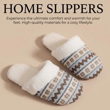 Couples Faux Fur Slippers Nordic Print Warm Winter House Shoes Soft Sole
