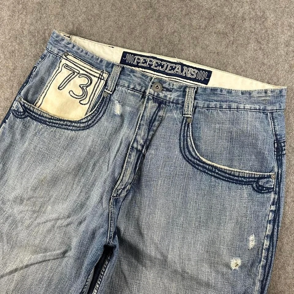 Pantalones cortos vaqueros holgados Y2K bordados descoloridos 38x15 Pelle Pelle rave hip hop de colección Foto 4 de 4