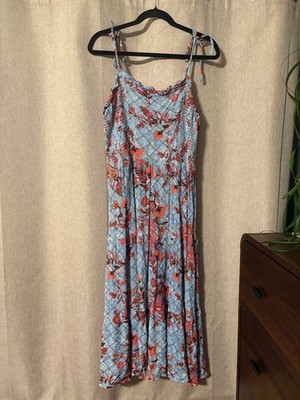 Knox Rose Blue Floral Smocked Midi Dress Boho Tie Shoulder Size XL