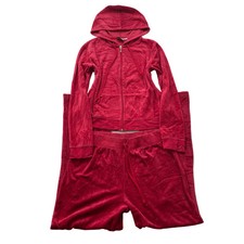 Vintage Juicy Couture Women's Red Velour Tracksuit Set Hoodie  Pant Size L