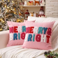 2 Pcs Merry Bright Christmas Throw Pillow Covers 18 x 18 Inches Pink Xmas