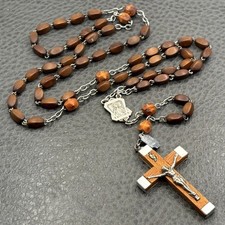 Vintage French Cocoa Wood Bead Rosary Crucifix Necklace France Silver Tone 26
