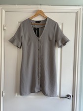 BNWT PrettyLittleThing Grey Button Through Frill Sleeve Mini Dress UK 8