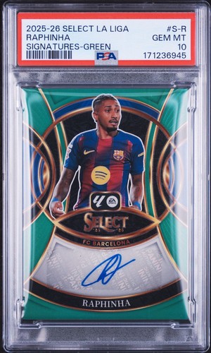2025-26 Panini Select La Liga - Raphinha #S-R Green Prizm Auto /5 - PSA 10 💎