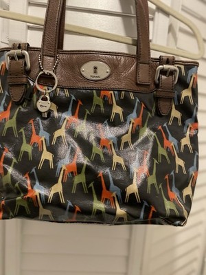 FOSSIL KeyPer  Giraffe Canvas Coated Tote Bag  Brown/Blue Key Lock Charms EUC