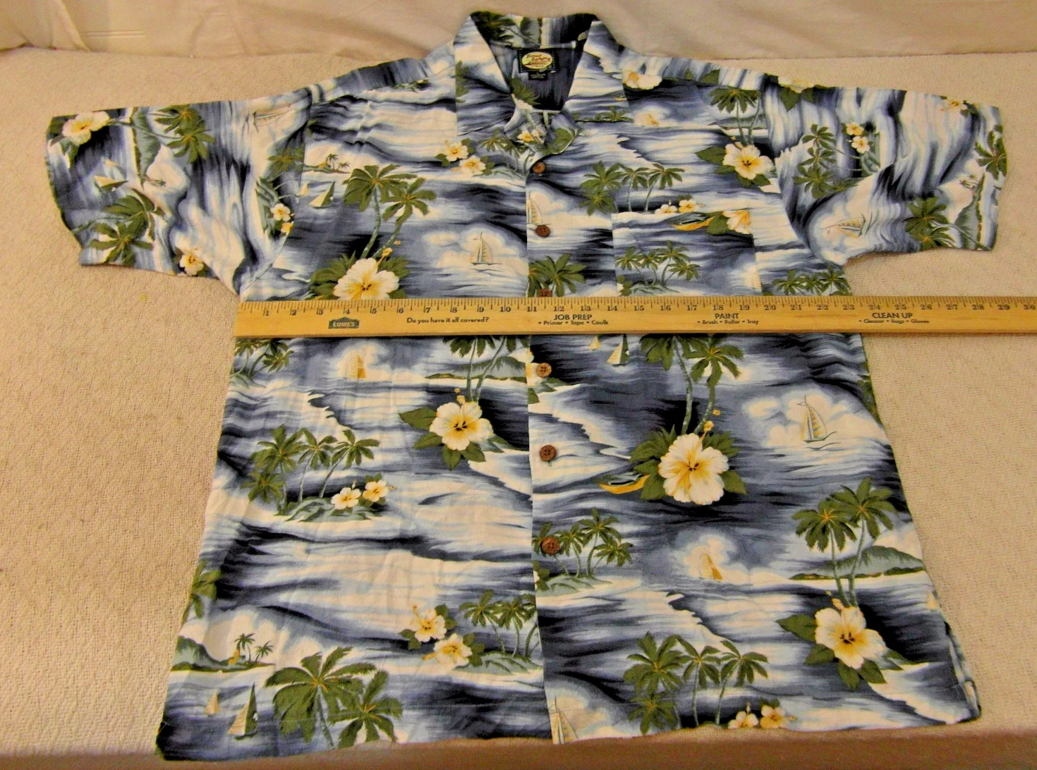 EUC DESIGNER TOMMY BAHAMA 100% RAYON BUTTON BLUE HAWAIIAN THEME SHIRT SIZE LARGE