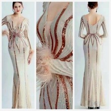 Gold Sequin Embellished Long Sleeve Gown